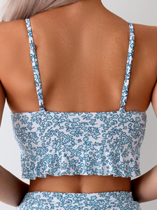 Set tankini da donna in 3 pezzi con motivo floreale blu, top bikini con allacciatura al collo + minigonna arricciata, costume da bagno per vacanze - Product Image 5