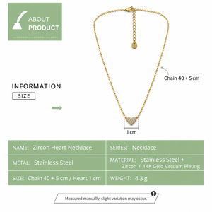 Collier en forme de cœur en zircon, acier inoxydable, plaqué or 14 carats, chaîne réglable 40 + 5 cm, 1 cm, 4,3 g - Product Image 2