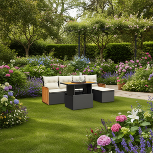 Cream White And Black <b>Rattan</b> Garden <b>Sofa</b> Set 4 Seater Outdoor Furniture Contemporary Design Teak Wood Frame - Product Image 2