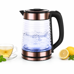 Bouilloire électrique en verre, finition cuivre rose doré, transparente, sans fil, avec poignée noire, pour la cuisine, le thé et le café - Product Image 1