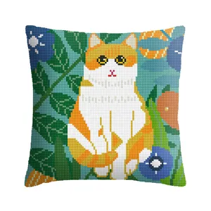Funda de cojín bordada con patrón de gato para sofá, funda de almohada de punto de cruz, artesanía, 2022