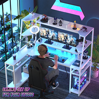 Bureau de jeu en bois en forme de L à hauteur réglable avec étagères, lumières LED, multiprises, rangement réversible en forme de PC et porte-gobelet