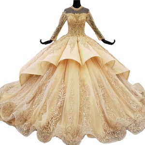 Abiti da Sposa di Lusso con Collo a O Dorato, Maniche Lunghe in Pizzo con Perline, Abiti da Cerimonia, Abiti per Quinceañera - Product Image 1
