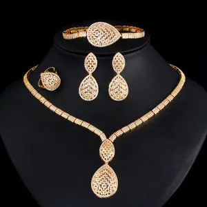 Desain berongga CZ zirkon pesta anting gelang cincin kalung 4 buah set perhiasan mewah Afrika emas kostum pengantin untuk wanita