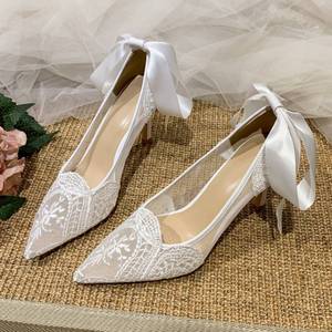 Zapatos de Tacón Alto de Lujo con Correa en el Tobillo de 6CM/8CM, Zapatos de Novia Blancos con Encaje para Boda - Product Image 1