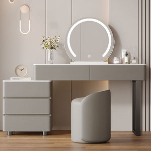 Ensemble de coiffeuse en bois blanc crème, coiffeuse <span class=keywords><strong>moderne</strong></span> en cuir avec miroir, design simple, <span class=keywords><strong>commode</strong></span> de rangement, idéal pour les adultes - Product Image 4