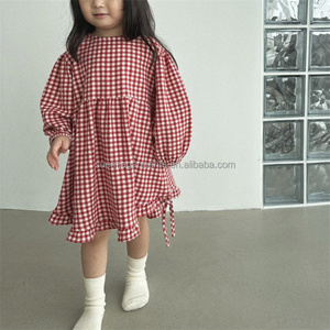 Low MOQ Custom Manufacturer Gingham 100% Cotton Casual Side Tie <strong>up</strong> <strong>Toddler</strong> Children <strong>Clothes</strong> Puff Sleeve Kids Girls <strong>Dress</strong> - Product Image 1