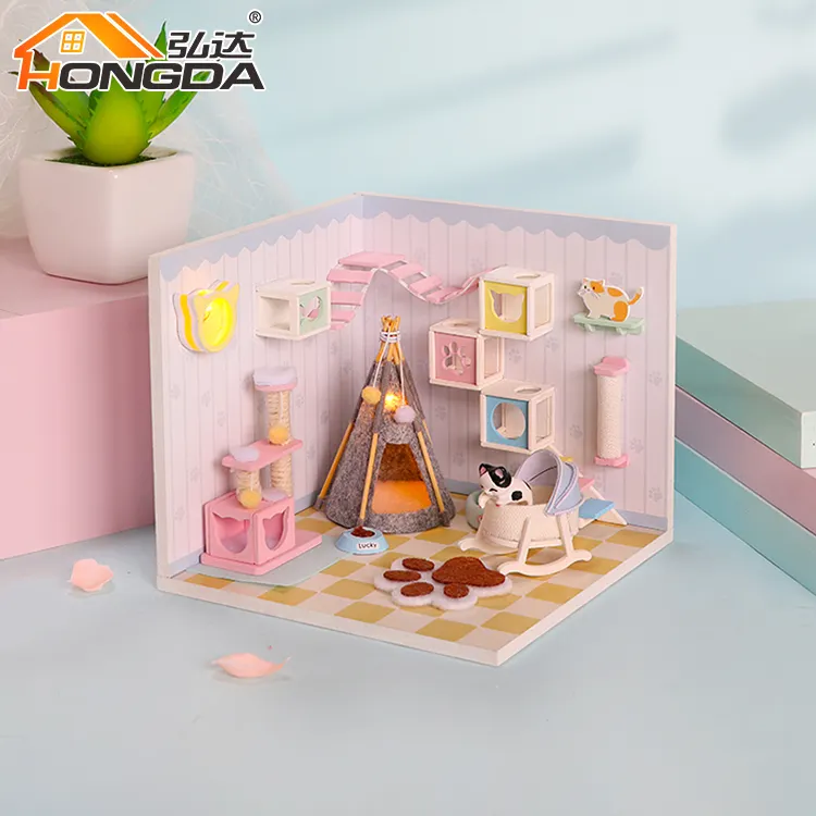 Mini Cute Doll House Pink Cat Pet Room Large Doll House Wooden