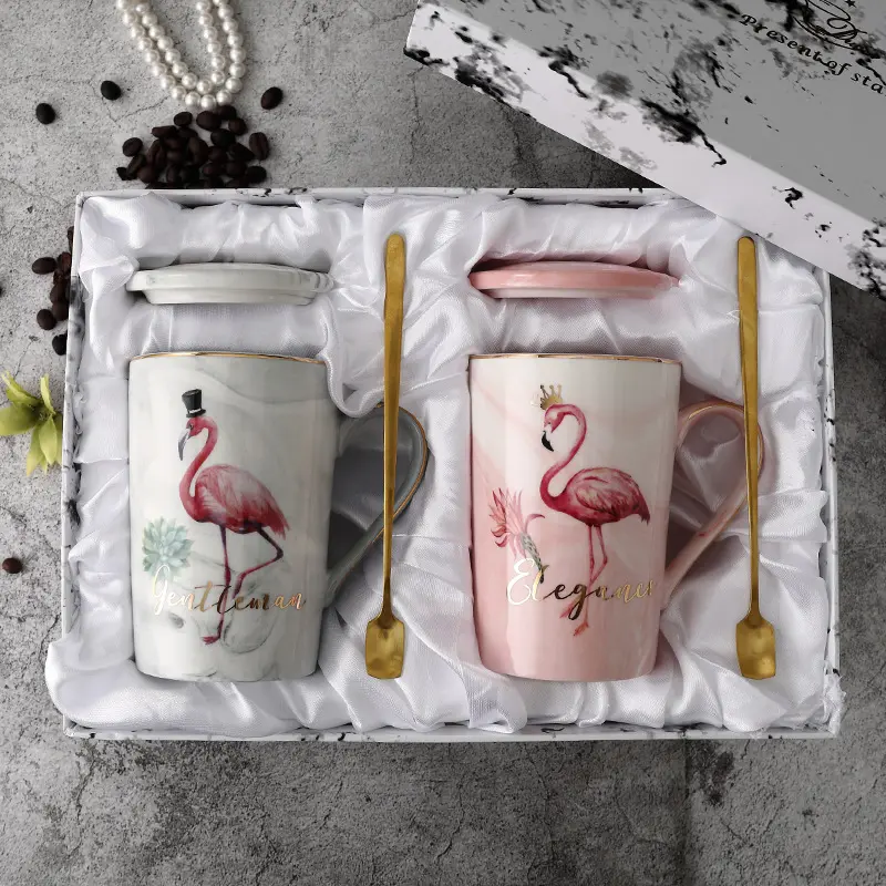 Nordic firework flamingo Mr & Mrs ceramic ins coppia amante modello in marmo cucchiaio tazza d'acqua con confezione regalo con coperchio