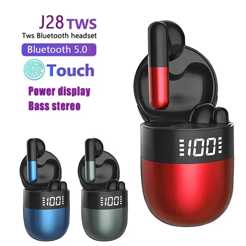 J28หูฟังไร้สาย TWS สำหรับเกมเมอร์แฮนด์ฟรีหูฟัง HIFI พร้อมเคสชาร์จหน้าจอดิจิตอลสำหรับ Samsung