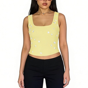 Top corto sin mangas con cuello cuadrado para mujer - Top ajustado acanalado con adornos de gotas, estilo chaleco a la moda - Product Image 4