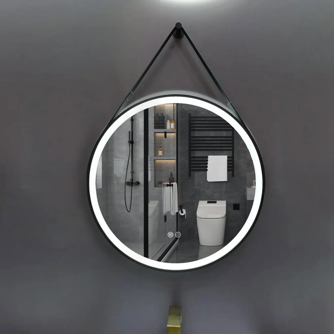 Cermin kamar mandi bulat Modern, dekoratif cermin dinding mandi layar sentuh Led cermin kamar mandi dengan lampu