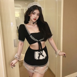 Maid Outfit Women Sexy Costume Black Lace Short Sleeve Dress With Apron Breathable Polyester Fiber 8490 - Product Image 1