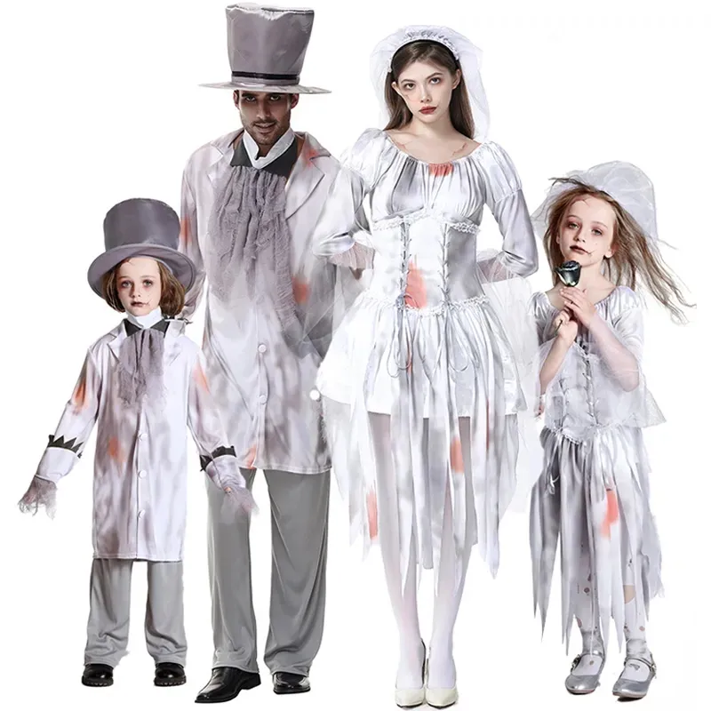 Disfraces de Halloween para mujeres y hombres niños Cosplay vampiro vestido chaqueta pantalones corsé sombrero conjunto Horror fantasma novia miedo Zombie traje