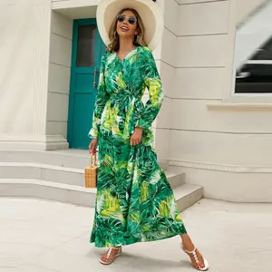 SDM3335 Runway Show With New Fashionable Printed Long Sleeved Belt Dress