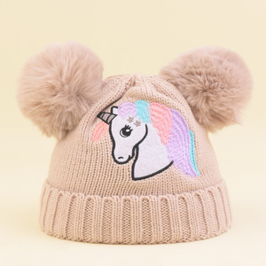 Bonnet d'hiver pour filles avec pompon licorne, bonnet tricoté pour petites filles - Product Image 3