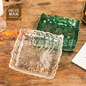 Creative Gold-Edged Colored Glass Square <strong>Disposable</strong> <strong>Plate</strong> Hammered Texture Modern Plant Pattern Ice Tray Snack Dried Fruit - Product Image 4