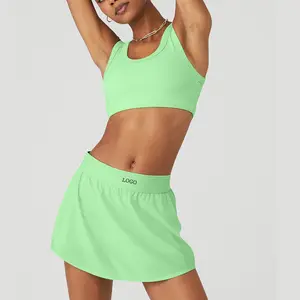 Athletic Gym Workout Spandex Green Ribber Sport Bra Lightweight A-Line Tennis Skirt Built In Shorts Set