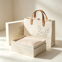 Coffret Cadeau de Luxe Minimaliste Beige Fait Main Écologique, Ensemble d'Emballage Artistique avec Poignée en Cuir Personnalisée et Motif Feuille en Relief pour Bijoux