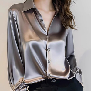 Chemise en satin français pour femmes en gros, nouvelle collection, haut de gamme, gris, acétate, manches longues, <span class=keywords><strong>chic</strong></span>, blouse professionnelle, 14 couleurs - Product Image 2