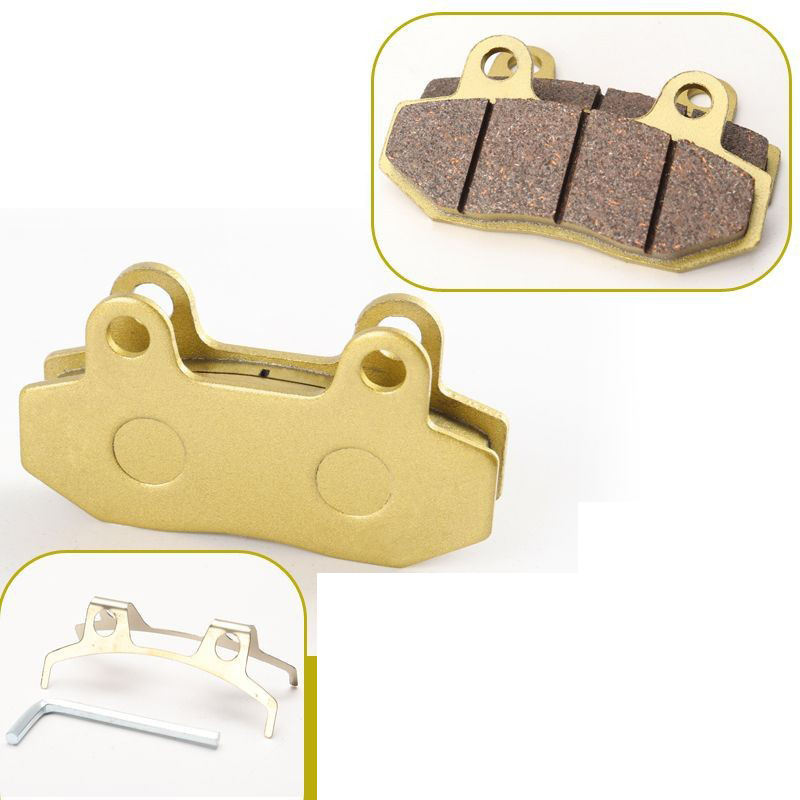 A pair of golden disc brake pads+1 retaining spring+1 hex wrench