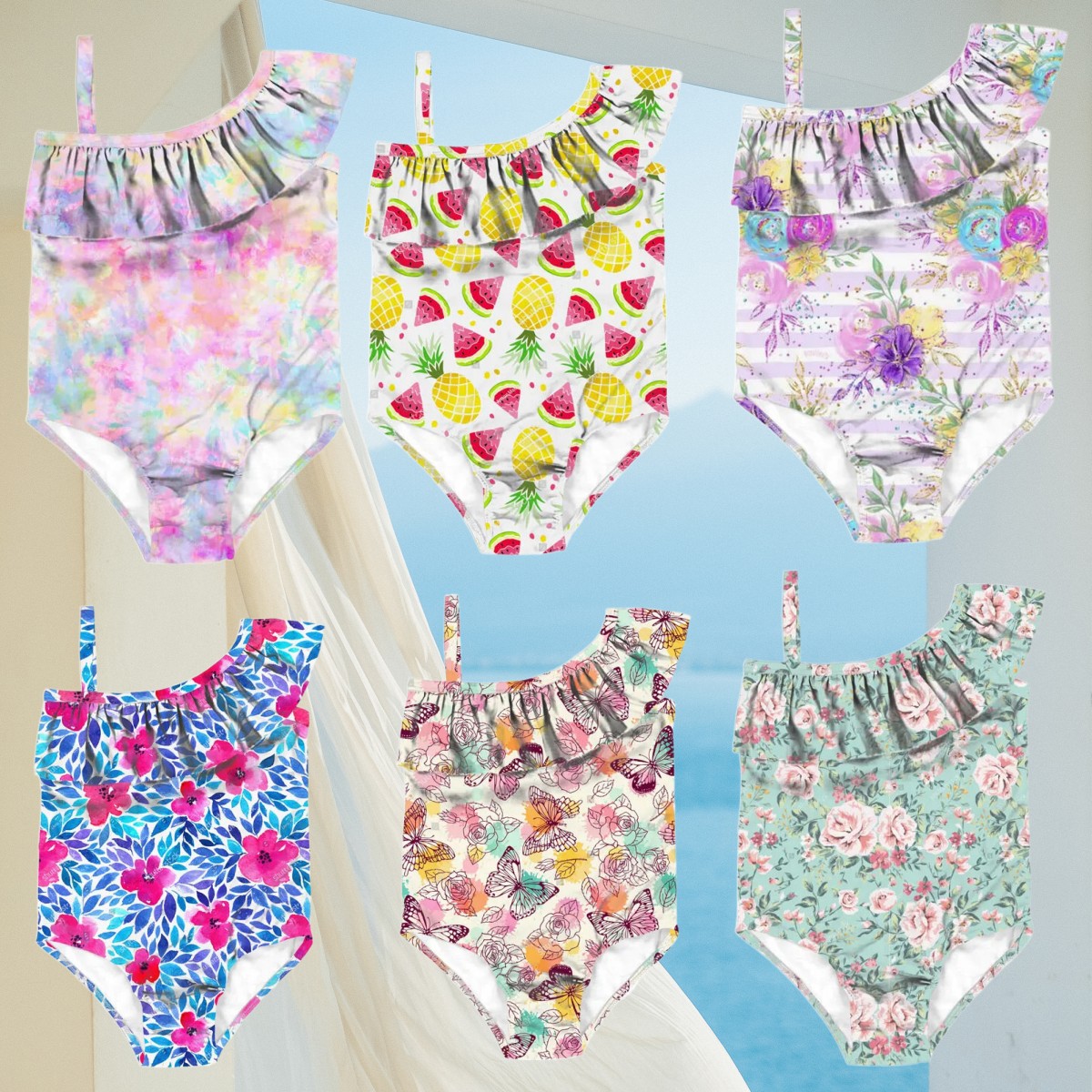 Super süße Kinder schulter freie Bade bekleidung ein Stück für Babys Flora Patterns Little Girl Swimming Flash ing Clothes