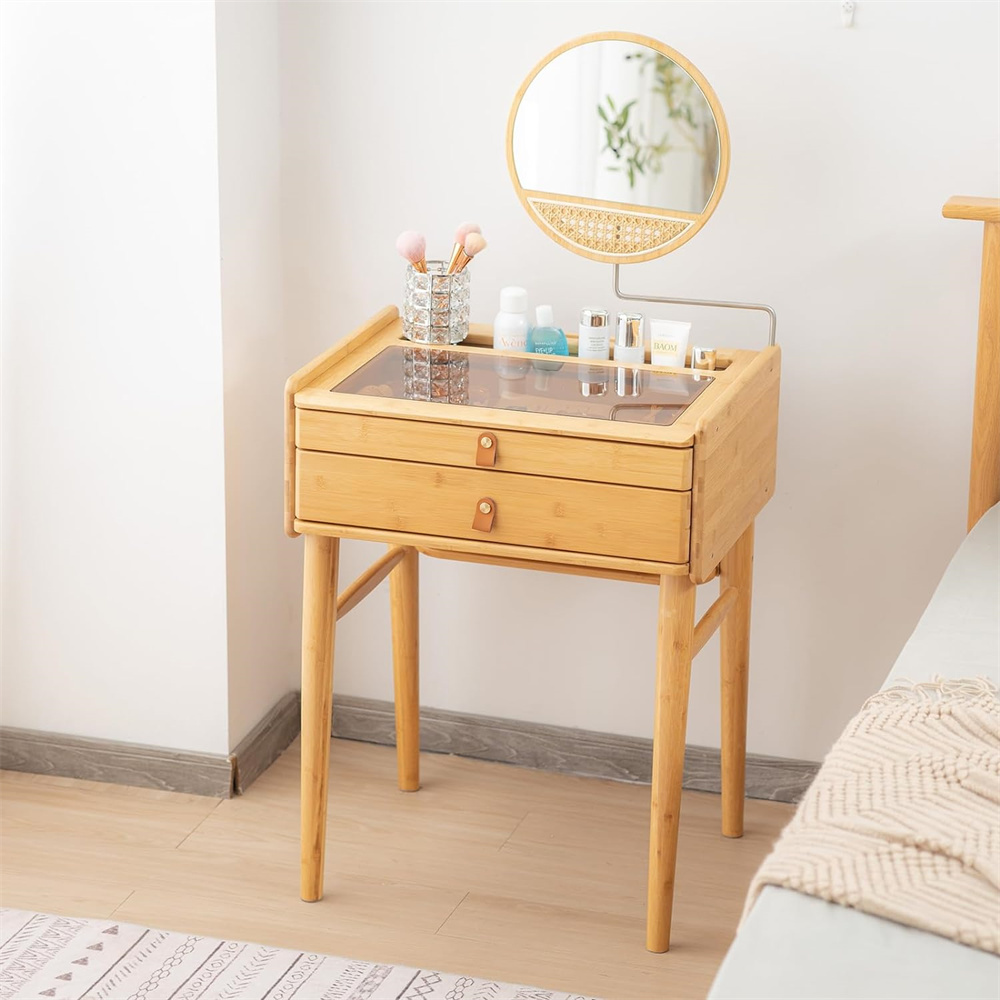 Vintage Makeup Vanity Table Set with Mirror - Modern Wood