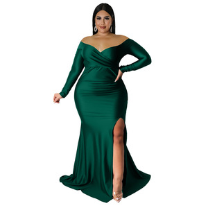 N7749 Abito Sexy da Donna Taglie Forti, Vestito da Club con Scollo a V, Formale, Tinta Unita, con <span class=keywords><strong>Spacco</strong></span> Lungo per Autunno e Inverno - Product Image 5