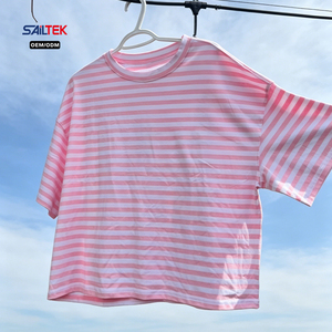 T-shirt rayé <span class=keywords><strong>rose</strong></span> à épaules tombantes en mélange de coton, décontracté, à manches courtes, coupe ample, pour femme, <span class=keywords><strong>haut</strong></span> court, col rond, t-shirt rayé - Product Image 2