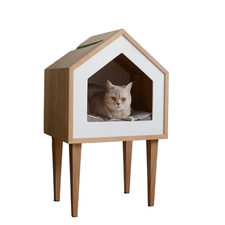 プレミアムソリッドパターンオークウッドキャットハウスキャットツリーペットコットベッド屋内ペット家具デザイン
