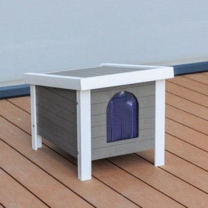 Maison pour chat en bois d'extérieur, abri surélevé pour animaux de compagnie, toit résistant aux intempéries, cabane pour chat avec fenêtre avant - Product Image 3
