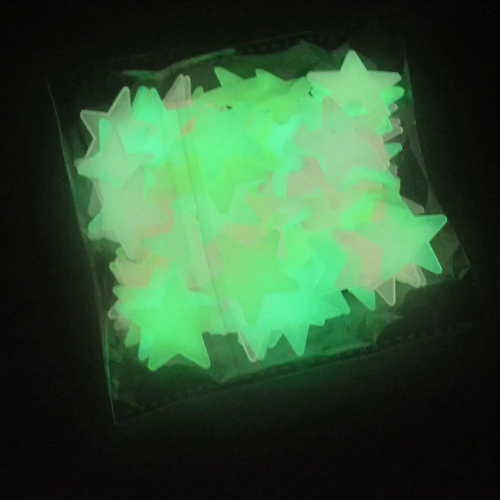 3cm luminosa estrella pegatina para pared 100 unids/bolsa de fluorescente estrellas etiqueta de la pared de plástico de 3D PP brillante papel