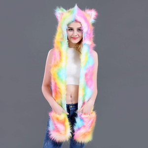 SOLPOP Gorro de Felpa de Animales de Peluche para Carnaval, Bufanda, Guantes, Accesorios para Fiestas Rave, Sudadera con Capucha de Orejeras de Peluche Colorida Arcoíris para Mujer con Orejas de Patas - Product Image 5