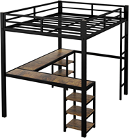 Lit mezzanine en métal avec bureau et étagères, design en forme de L pour gagner de la place, cadre avec plateau en bois, lit double avec échelle