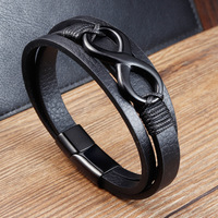Pulsera de Cuero Negro para Hombre, Tejida con Cuerda de Cuero Vacuno y Acero Inoxidable Infinito, 8 Capas