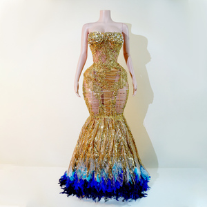 Vestido de sirena de lujo al por mayor con lentejuelas doradas, dobladillo de plumas azules, pedrería pesada y perlas, traje de actuación para cantante, disfraz de escenario - Product Image 2