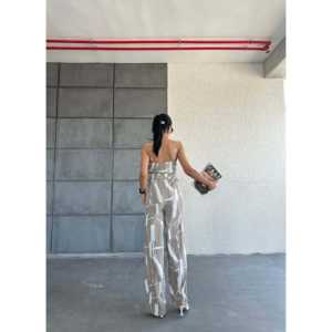 Mono de chifón con cuello en V y tirantes para mujer, de cintura alta, sin mangas, informal, transpirable, estilo urbano, con diseño estampado - Product Image 3