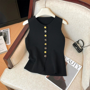 <span class=keywords><strong>Gilet</strong></span> en tricot élégant français à col rond et boutons floraux, <span class=keywords><strong>sans</strong></span> manches, ajusté pour <span class=keywords><strong>femme</strong></span>, haut chic, <span class=keywords><strong>gilet</strong></span> féminin - Product Image 3