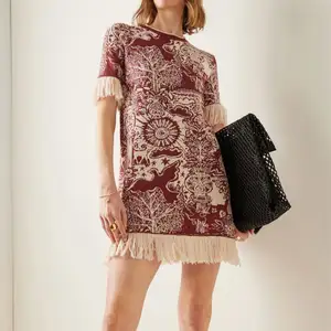 Mini vestido com borla estampa floral, vestido de lã jacquard personalizado, elegante, casual, para meninas e verão, vestidos de tricô