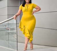 Gaun Afrika Ukuran Besar Asimetris dengan Ruffle Bertingkat dan Detail Keyhole Tie Front, Gaun Bodycon, Gaun Fashion Urban untuk Wanita, Elegan