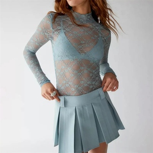 Blusa de Mujer de Manga Larga con Encaje Floral, Cuello Alto, Bordado Transparente, Ajustada, Sexy, Transparente, Estilo Vintage - Product Image 3