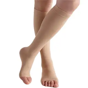 전문 제조 정맥류에 대한 15-21mmhg 누드 의료 압축 오픈 발가락 무릎 높은 스타킹