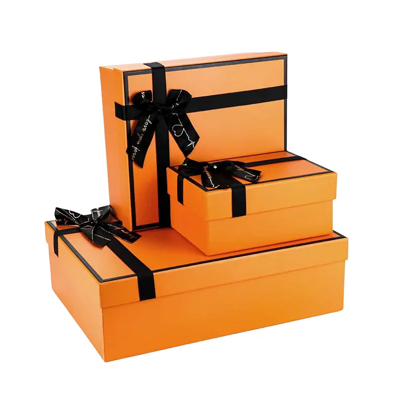 Embalagem de caixa de papel laranja rígida luxuosa personalizada caixa de presente de baixo preço tampa e base com conjunto de embalagem dobrável