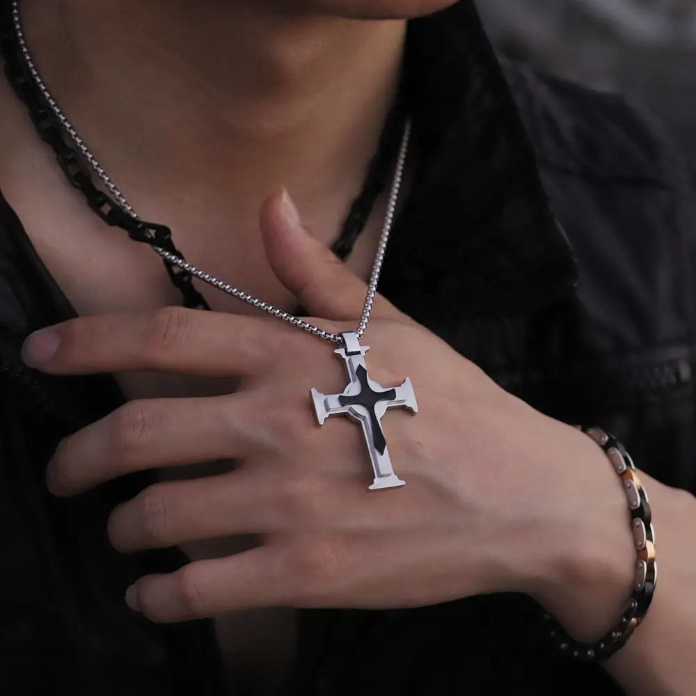 Silver Mens Tri-Layers Large Silver Black Cross Pendant Wheat Chain Necklace Stainless Steel Pendant Necklace Cross