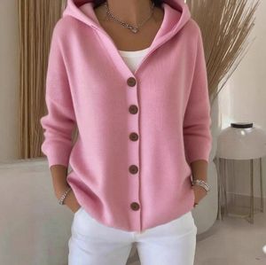 Maglione Casual da <span class=keywords><strong>donna</strong></span> <span class=keywords><strong>autunno</strong></span> <span class=keywords><strong>inverno</strong></span> con bottone rosa Cardigan lavorato a maglia con cappuccio Logo sulla parte anteriore - Product Image 1