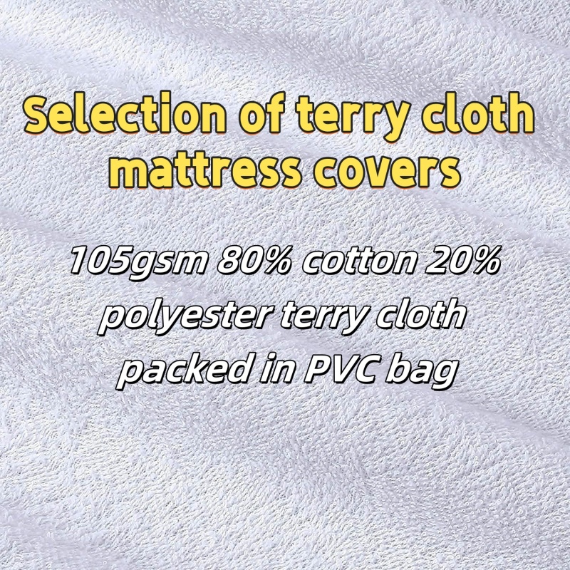 Tissu éponge 105 g/m², 80 % coton, 20 % polyester, emballé dans un sac en PVC.