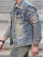 Veste en jean déchirée et vieillie pour homme HME, coupe slim, style streetwear décontracté, style vintage trucker, importée