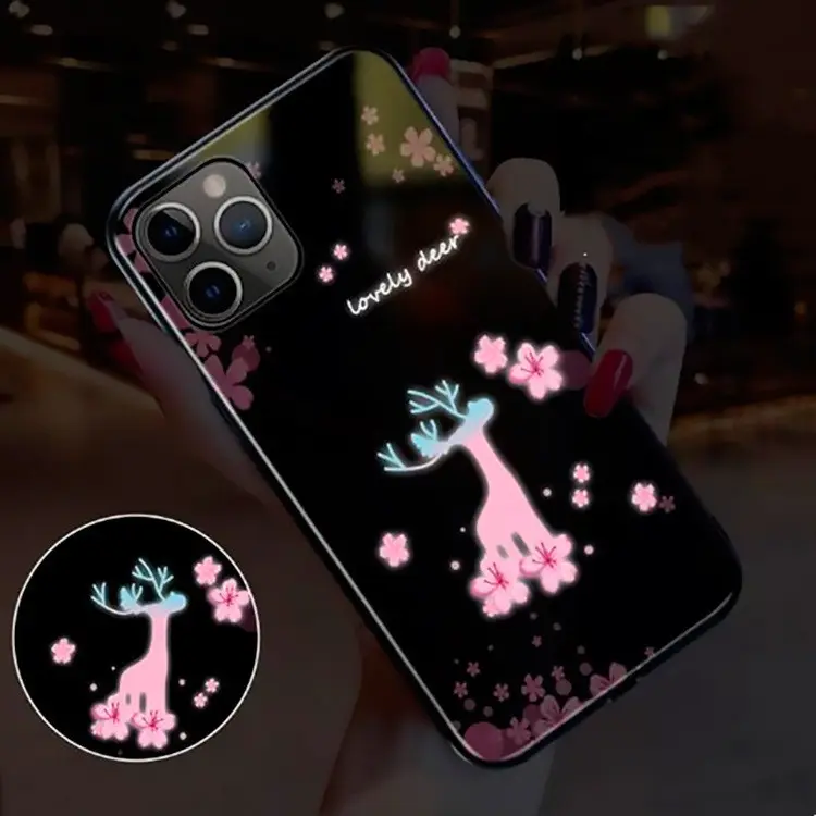 Wholesale LED Luminous Tempered Glass Night Light Cell Phone Case Deer Phone Back Cover Case for iPhone 13 12 Pro Max Phone Case