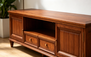 Meuble TV traditionnel en bois massif, 2 portes, 2 tiroirs, noyer, console multimédia pour salon, meuble de rangement au sol - Product Image 2