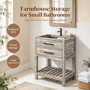 Farmhouse Wood <b>Bathroom</b> Vanity Two Drawers Open Slatted Shelf Ceramic Mirror Included <b>Floor</b> Standing Rectangular <b>Cabinet</b> Light - Product Image 5